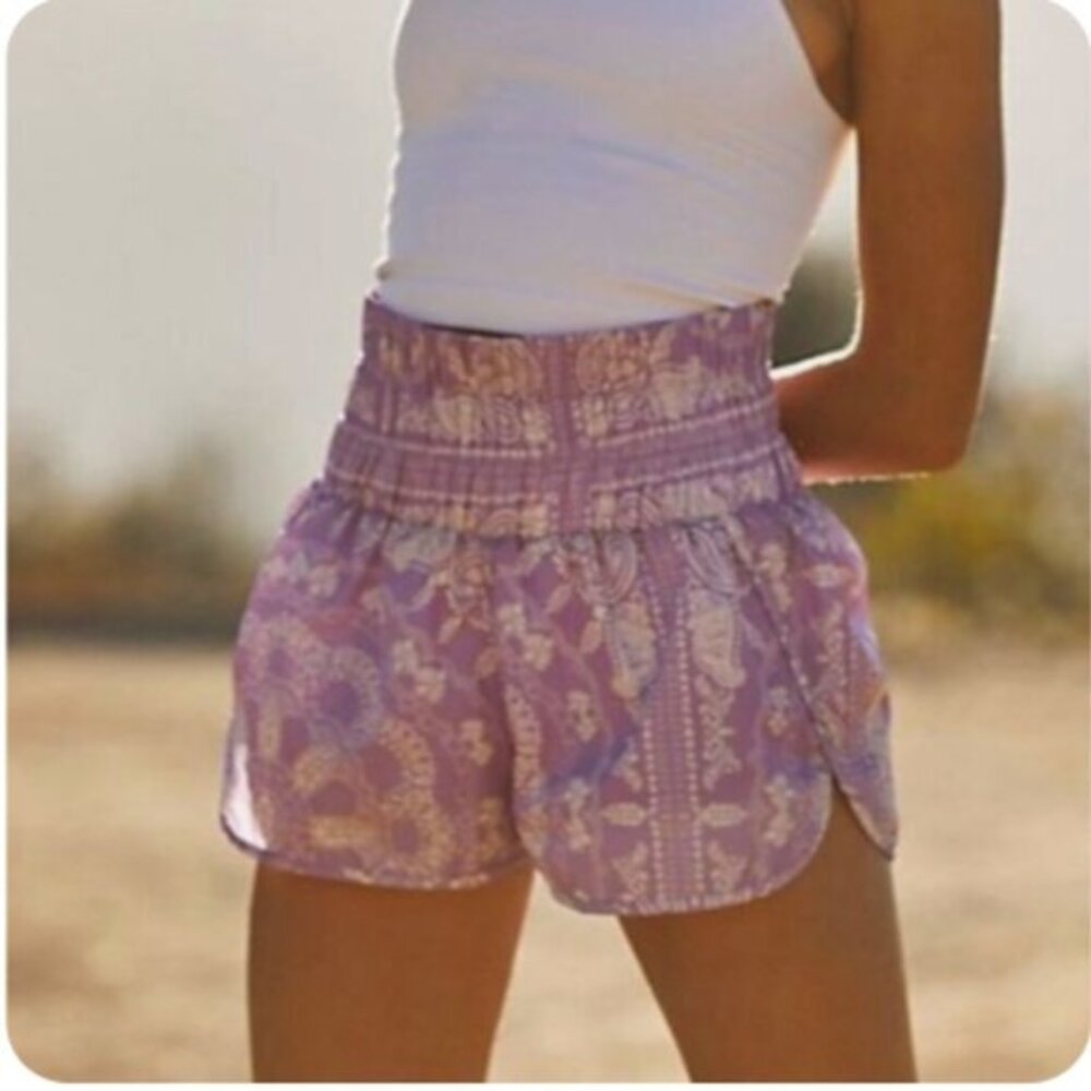 Free People The Way Home Printed Shorts in a purple paisley pattern.